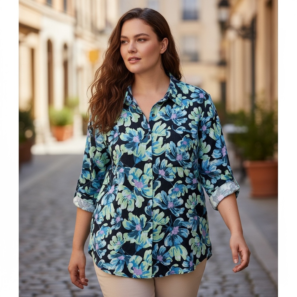 Charter‎ Club Luxury 100% Linen Button Down Shirt Blue Floral 1X Vacation Resort